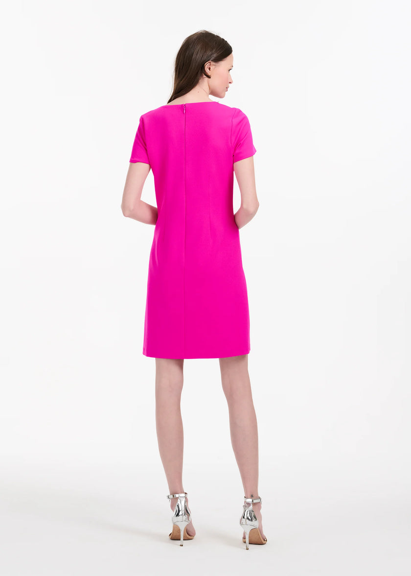 STRETCH CREPE SHORT SLEEVE COCKTAIL DRESS WITH CRYSTAL PEONY