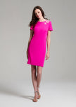 STRETCH CREPE SHORT SLEEVE COCKTAIL DRESS WITH CRYSTAL PEONY