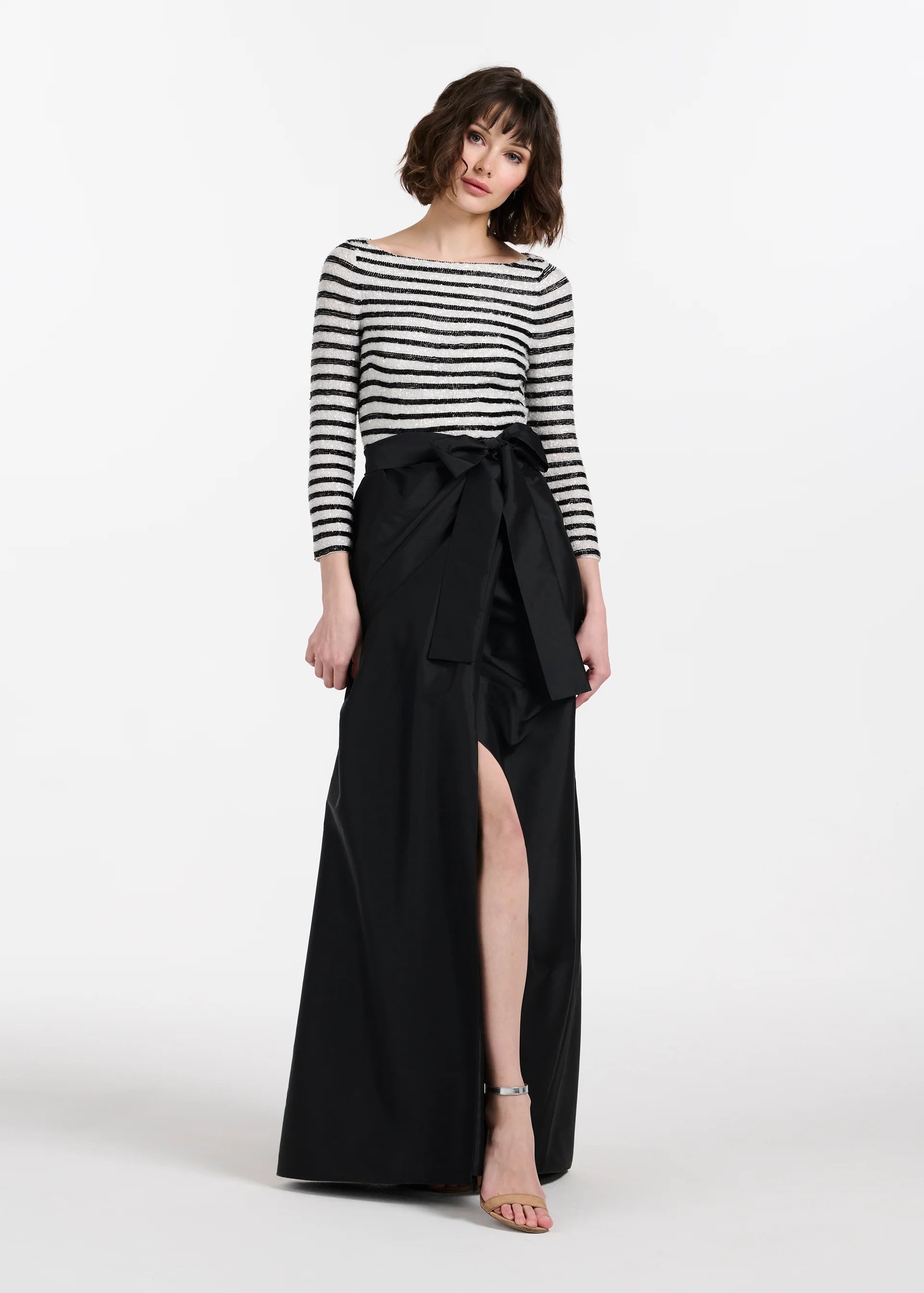 BEADED STRIPED GOWN WITH TAFFETA SKIRT
