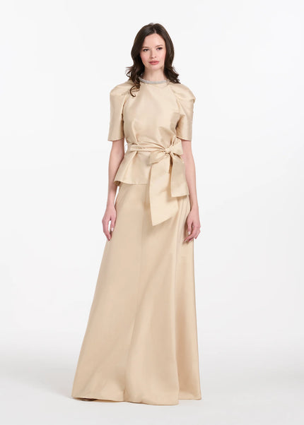 DRAPED TAFFETA BLOUSE WITH CRYSTAL NECKLACE