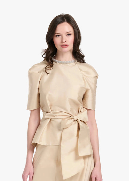 DRAPED TAFFETA BLOUSE WITH CRYSTAL NECKLACE