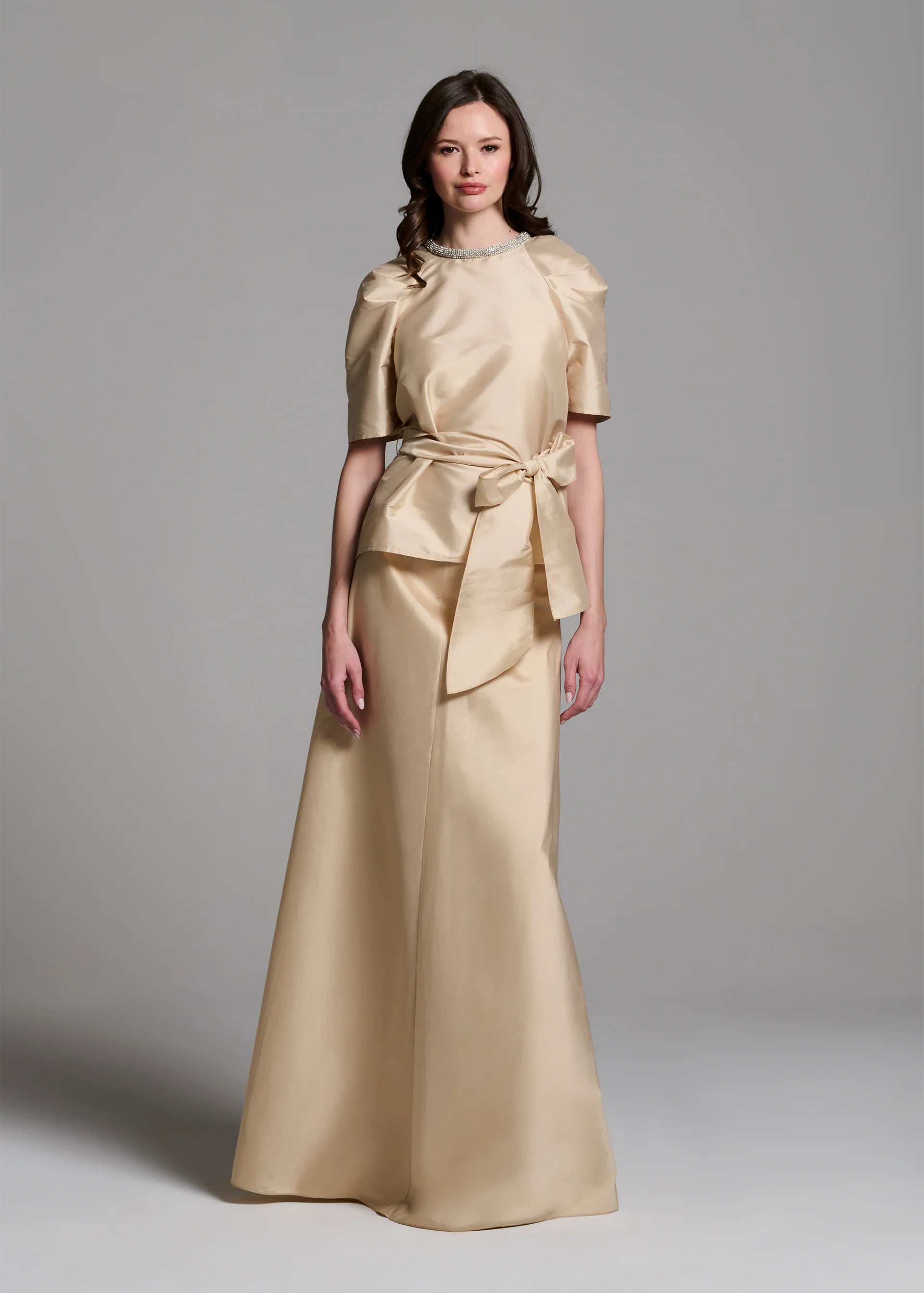 DRAPED TAFFETA BLOUSE WITH CRYSTAL NECKLACE