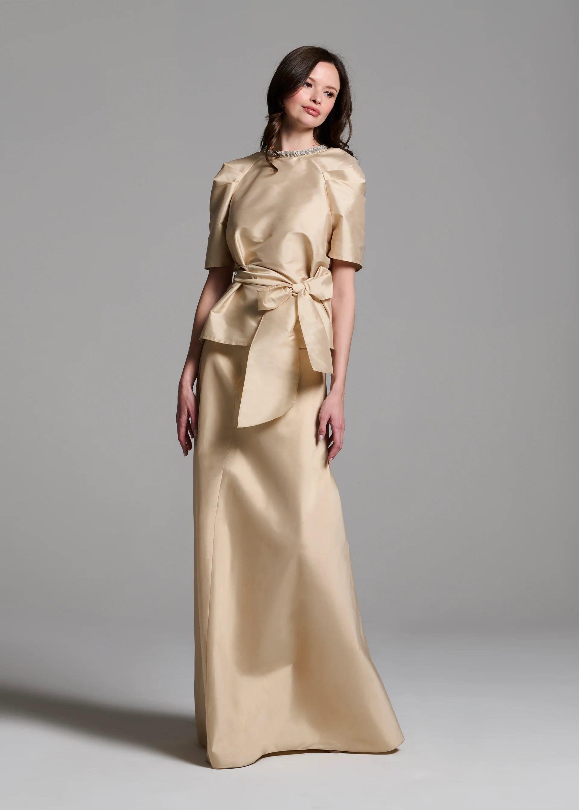 DRAPED TAFFETA BLOUSE WITH CRYSTAL NECKLACE