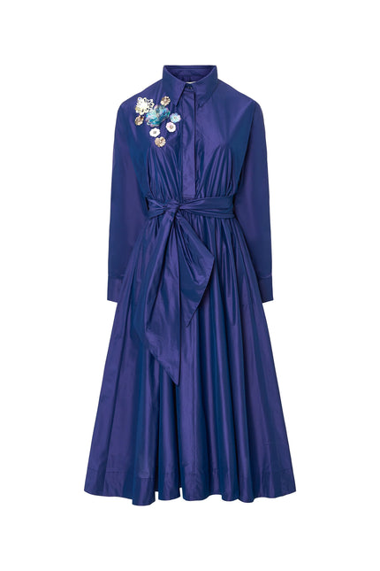 FLORAL SEQUIN SHIRT DRESS WITH FLOWING TAFFETA SKIRT