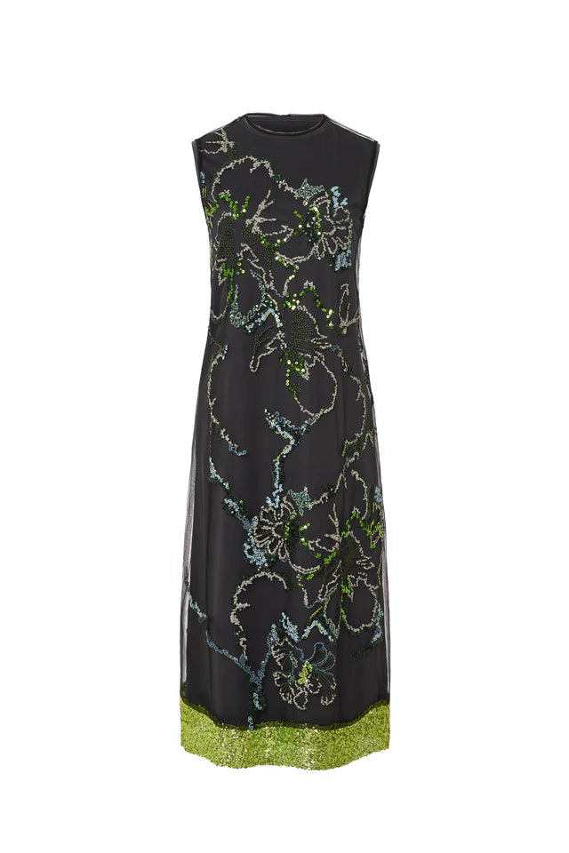 FLORAL SEQUIN EMBROIDERED TULLE DRESS