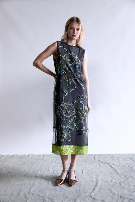 FLORAL SEQUIN EMBROIDERED TULLE DRESS