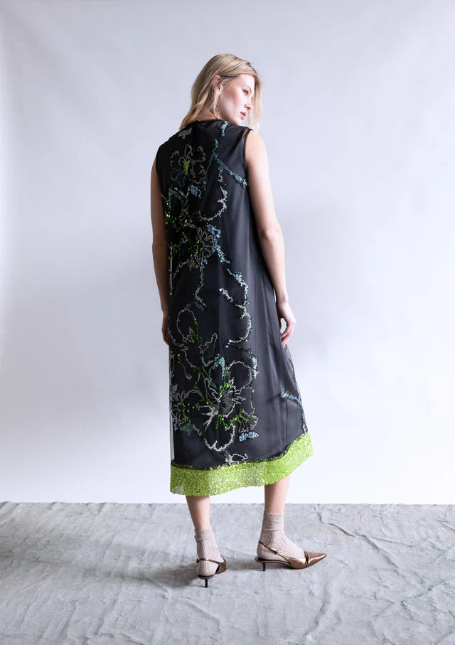 FLORAL SEQUIN EMBROIDERED TULLE DRESS