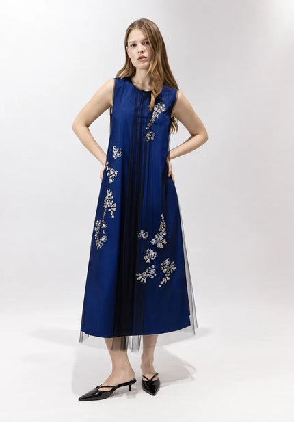 SLEEVELESS OVERLAY EMBROIDERED MIDI DRESS