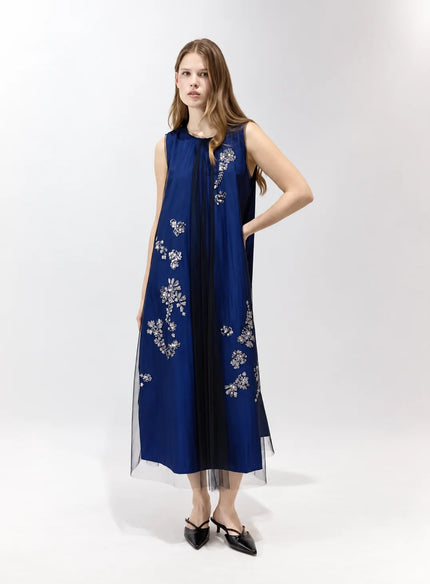 SLEEVELESS OVERLAY EMBROIDERED MIDI DRESS