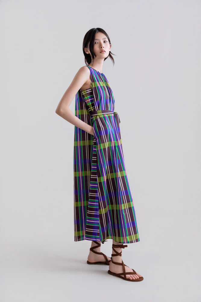 RETRO PRISM LONG SLEEVELESS DRESS WITH SIDE ASYMMETRY