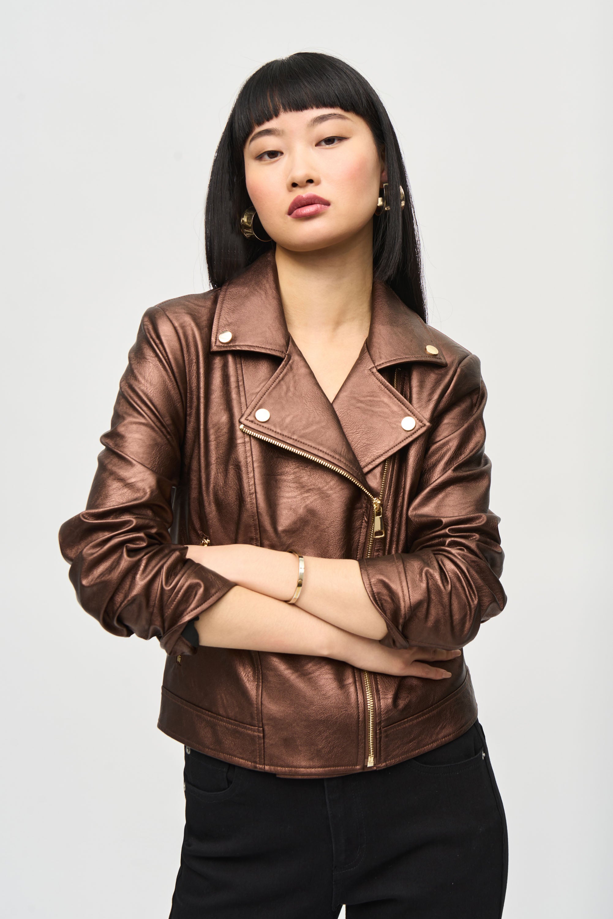 METALLIC FAUX LEATHER BIKER JACKET