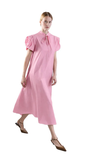 POPLIN MIDI DRESS WITH STRUCTURED GATHERED SLEEVES