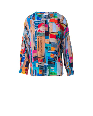 NYC PAPER COLLAGE PRINT SILK BLOUSE