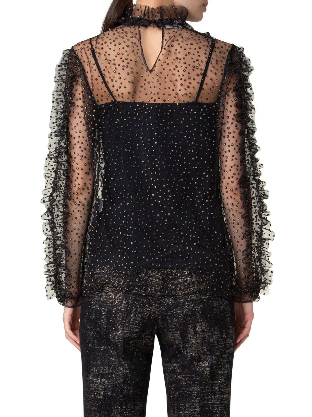 GOLD DOTS TULLE BLOUSE WITH RUFFLE DETAIL