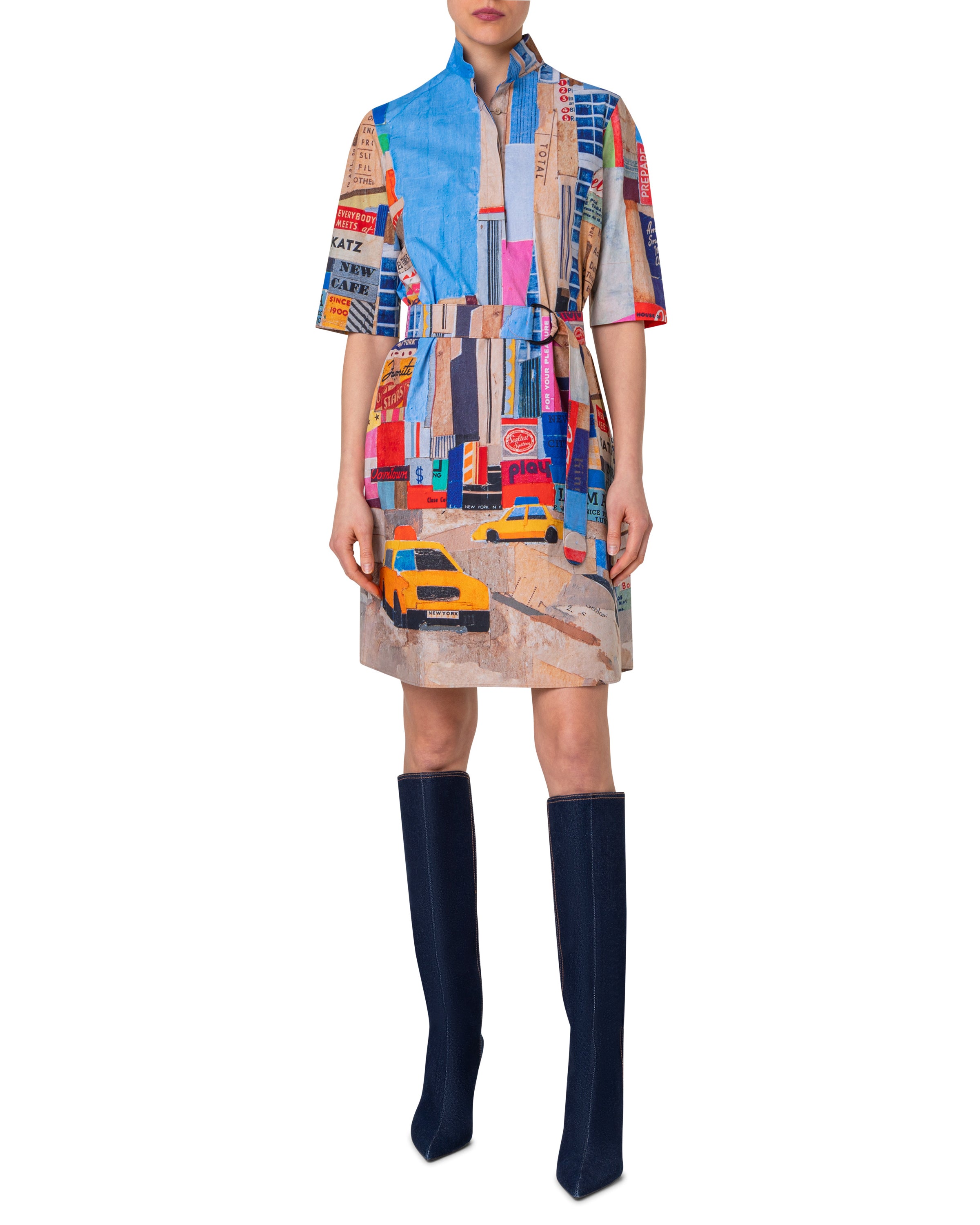 NYC PAPER COLLAGE PRINT SHIRTDRESS