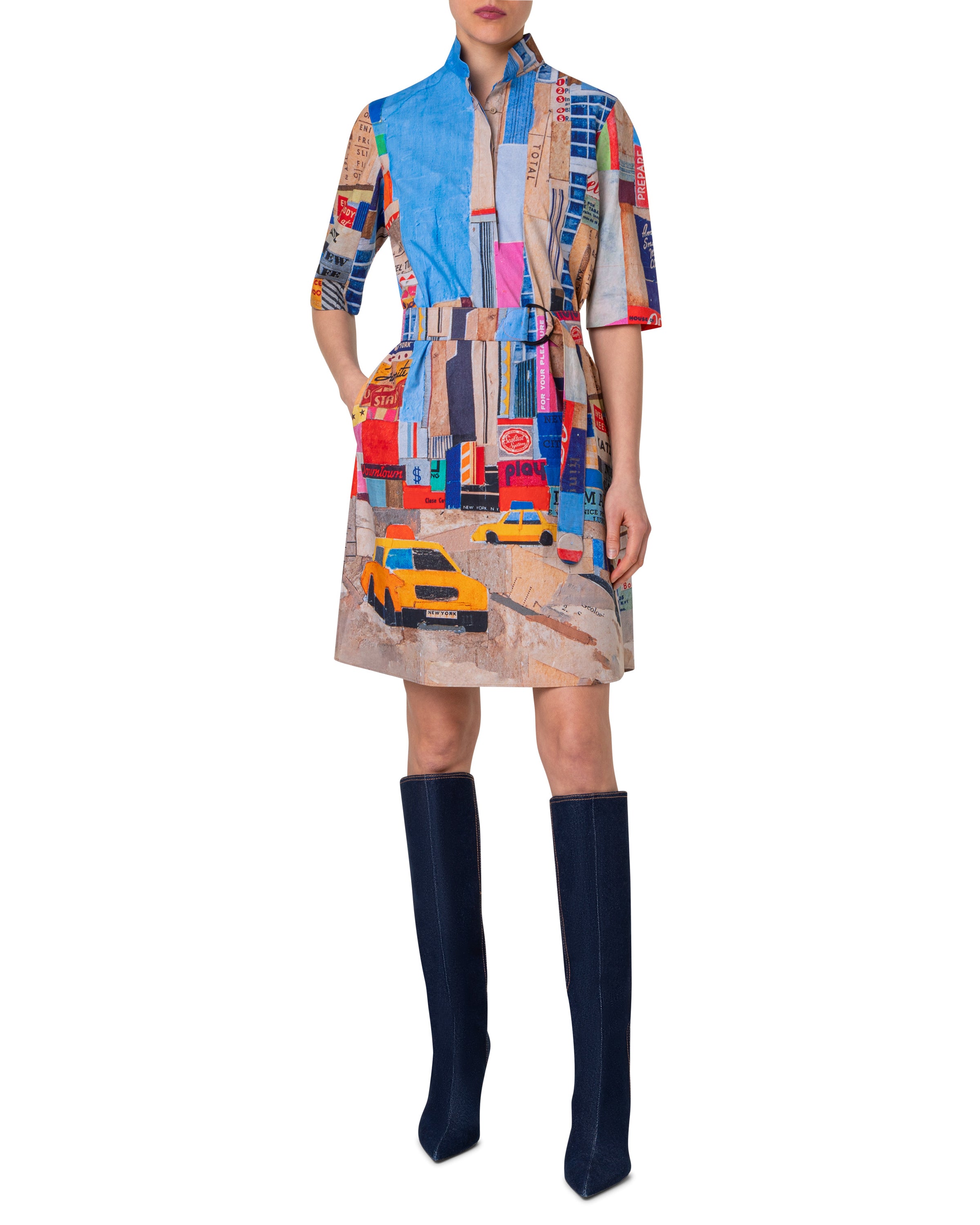 NYC PAPER COLLAGE PRINT SHIRTDRESS