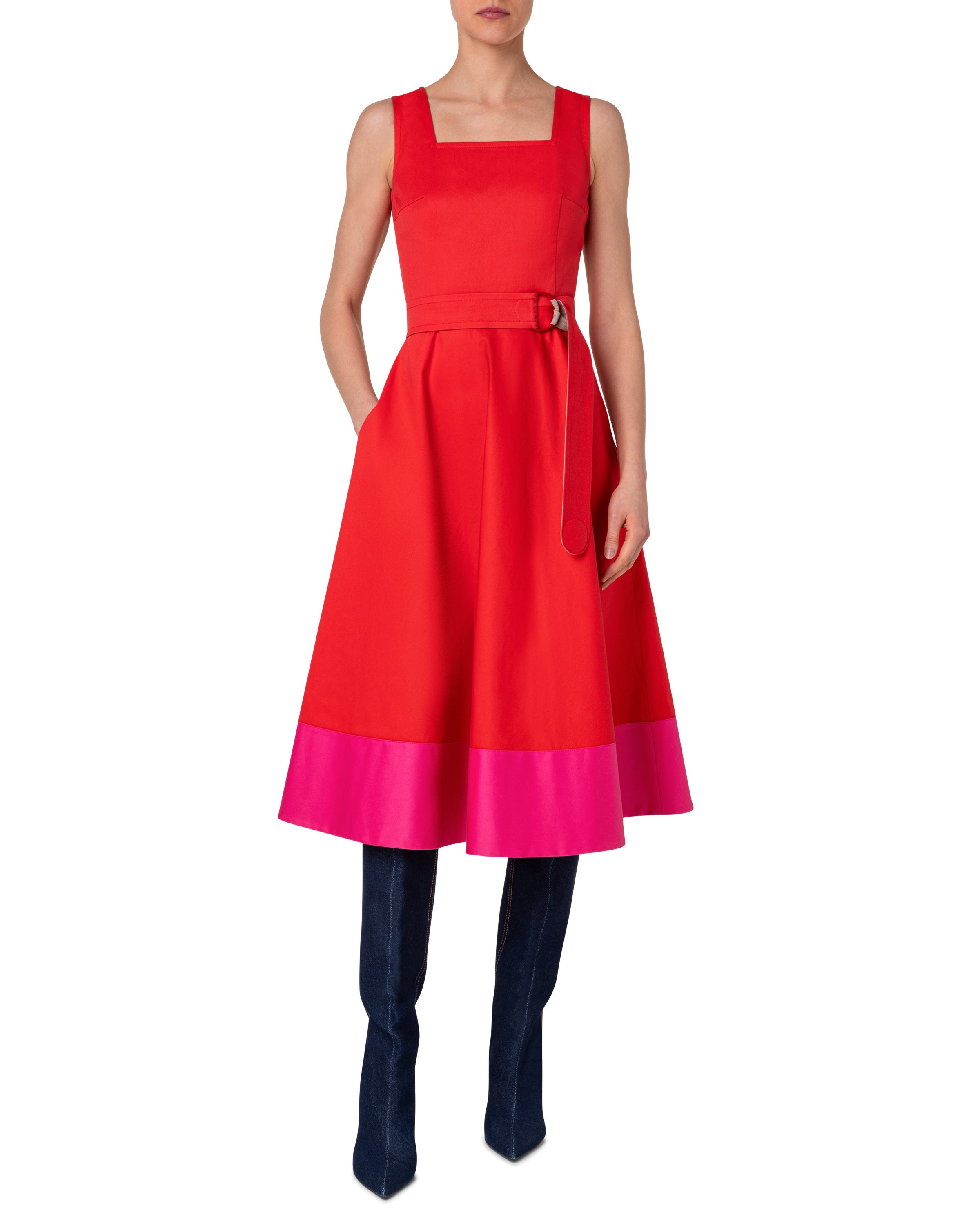 COTTON POPLIN COLORBLOCK MIDI DRESS