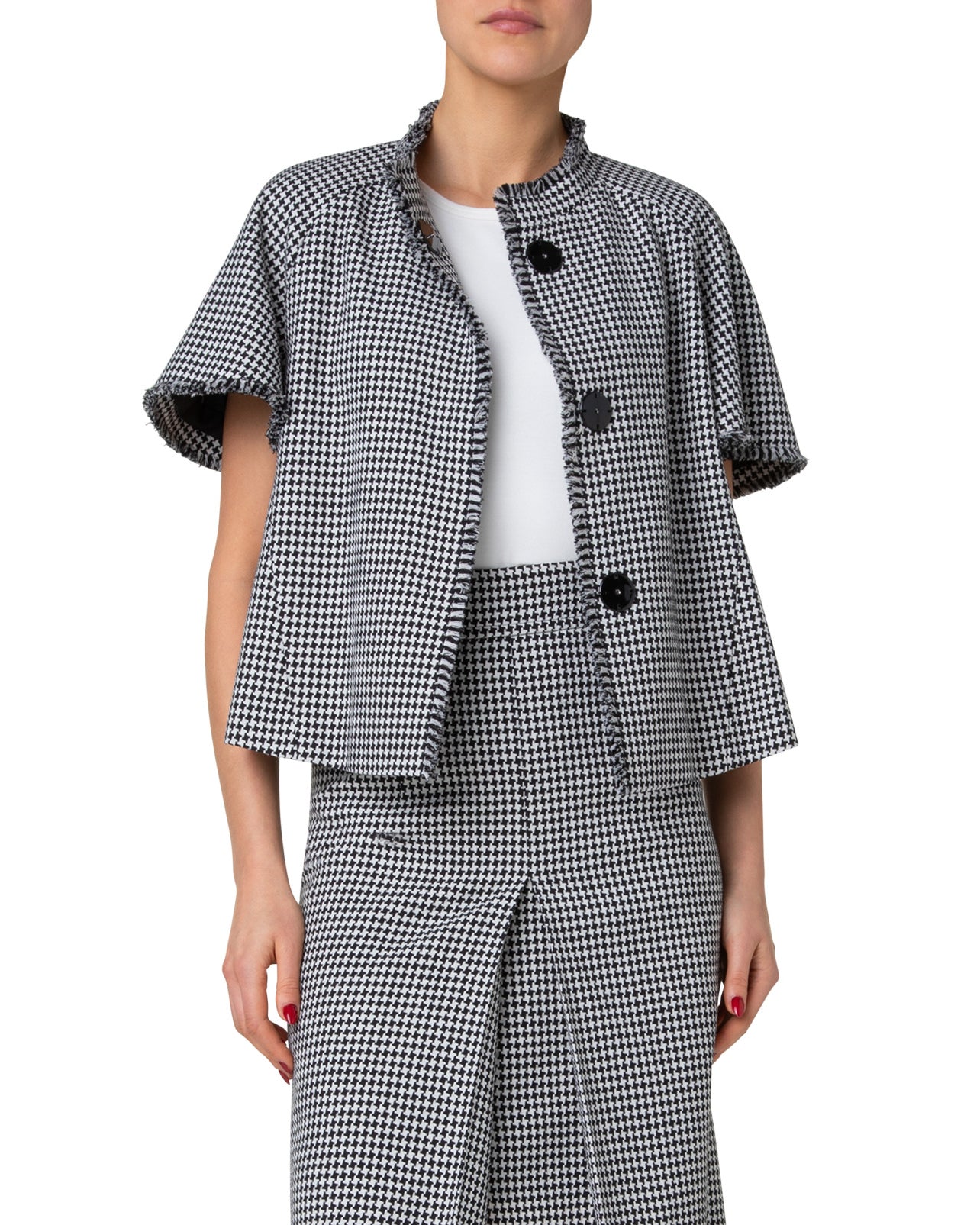 HOUNDSTOOTH FRINGED SHORT SLEEVE JACKET