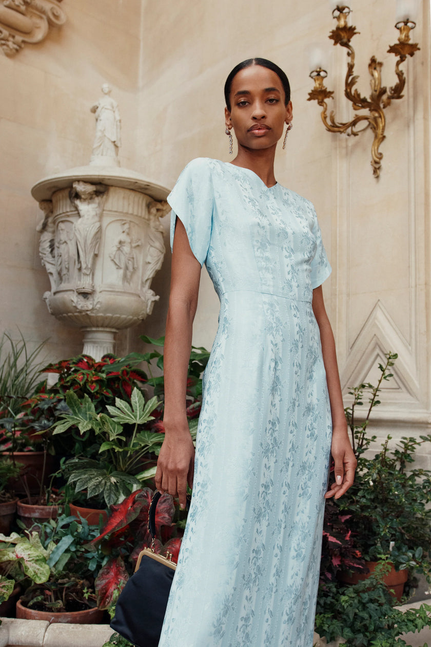 DAHLIA BLUE FLORAL PETAIL JACQUARD GOWN