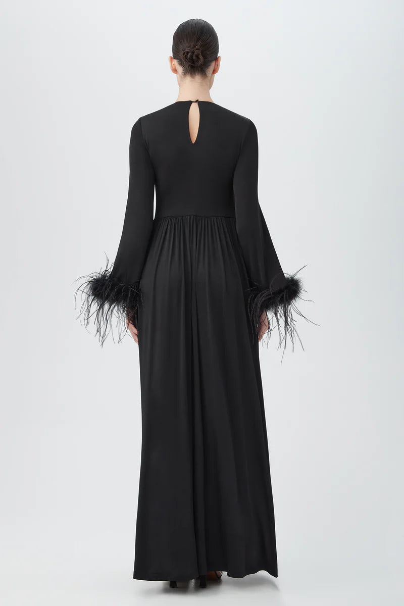 ORLA BLACK LONG SLEEVE MAXI DRESS WITH FEATHER TRIM