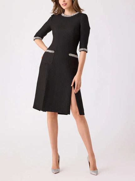 BOUCLE RHINESTONE TRIM DRESS