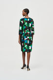 SILKY KNIT GEOMETRIC PRINT SHEATH DRESS