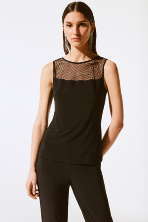 SILKY KNIT AND RHINESTONE MESH TOP