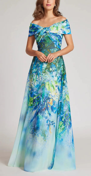 CHIFFON OFF THE SHOULDER PRINT GOWN