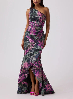 FLORAL JACQUARD ONE SHOULDER EVENING GOWN