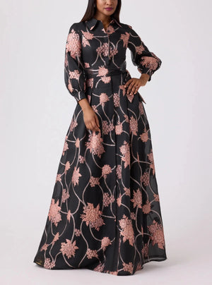 ORGANZA AND JACQUARD FLORAL PRINT SHIRT GOWN