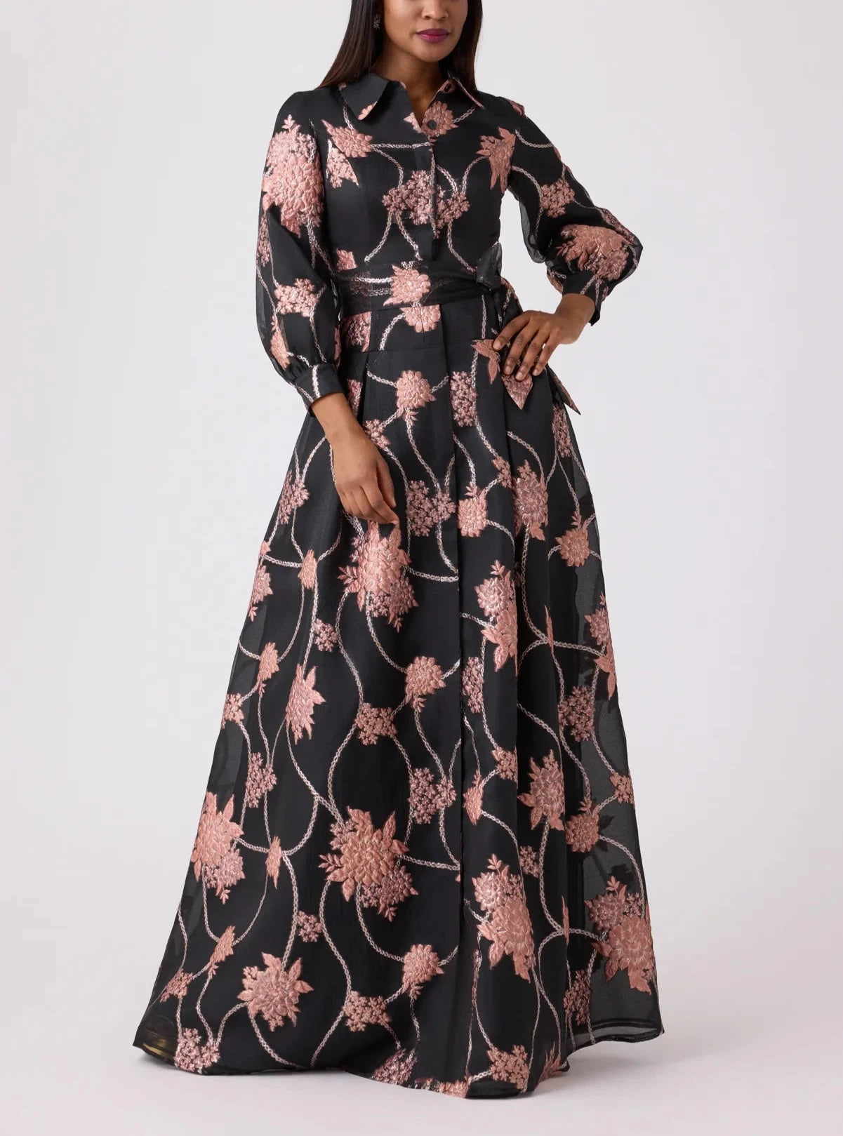 ORGANZA AND JACQUARD FLORAL PRINT SHIRT GOWN