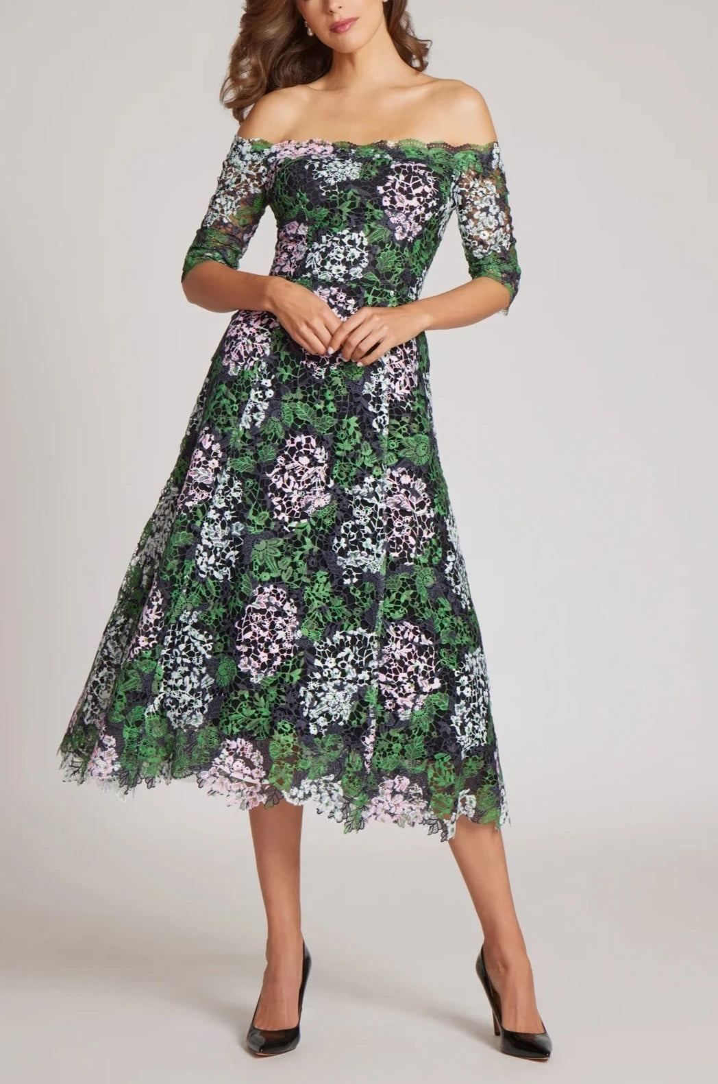 FLORAL AND FLACE OFF THE SHOULDER DAYTIME DRESS