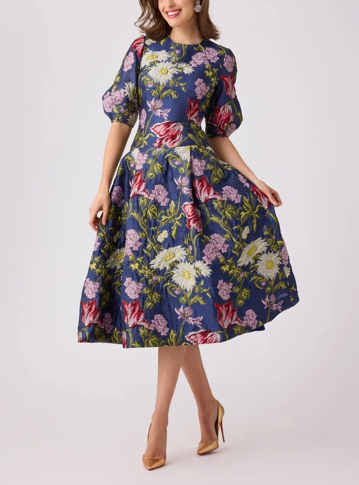 JACQUARD FLORAL DROP WAIST COCKTAIL DRESS