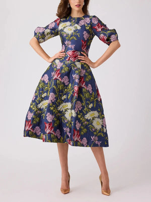 JACQUARD FLORAL DROP WAIST COCKTAIL DRESS