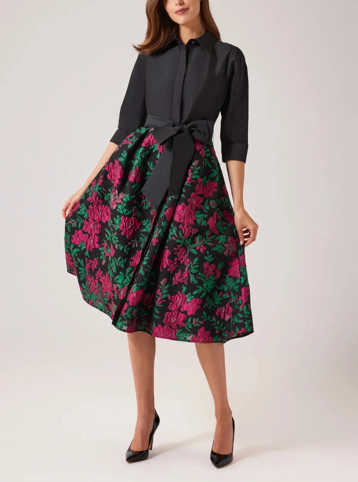 FLORAL JACQUARD SHIRT WAIST COCKTAIL DRESS