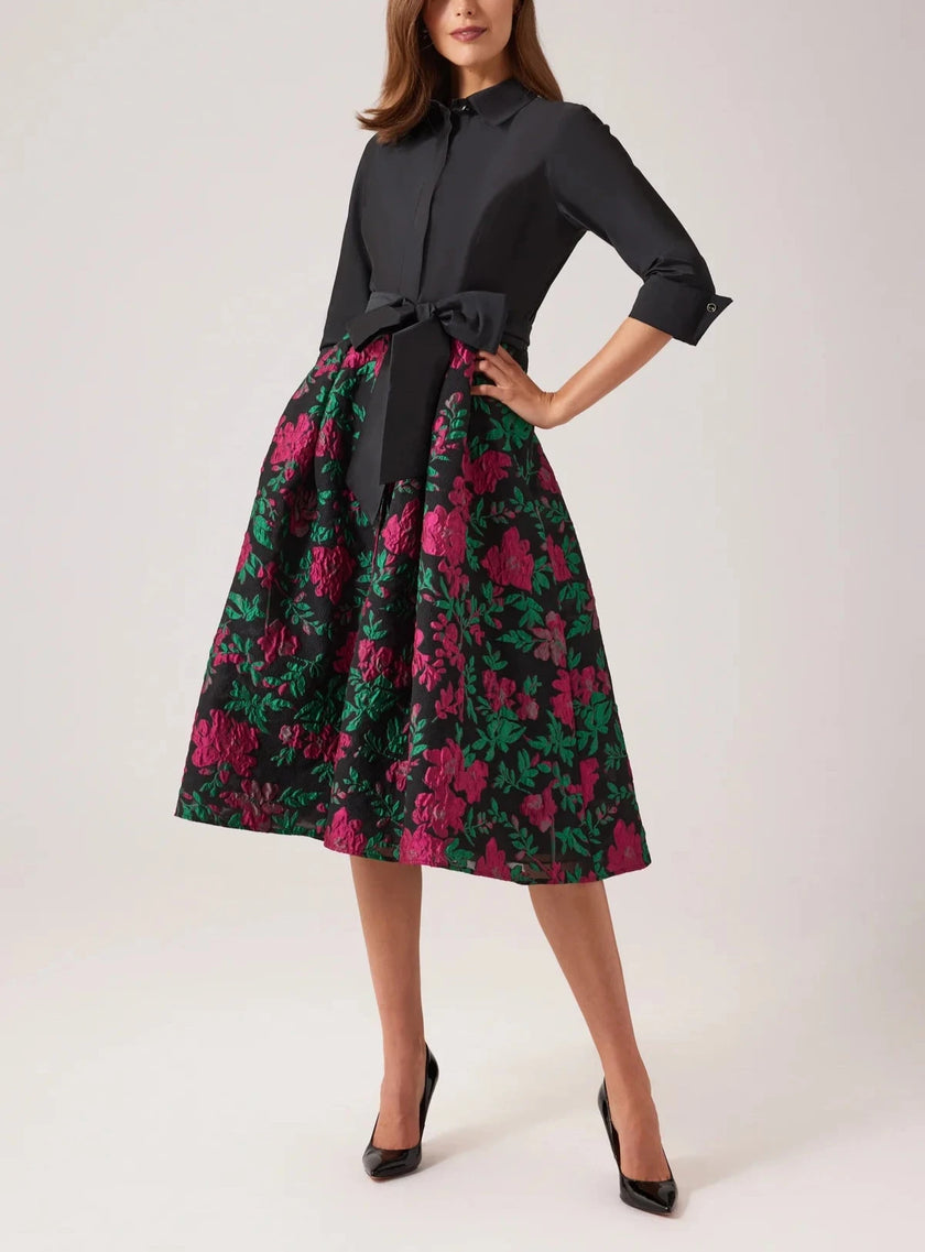 FLORAL JACQUARD SHIRT WAIST COCKTAIL DRESS Julian Gold FLORAL JACQUARD SHIRT WAIST COCKTAIL DRESS Julian Gold