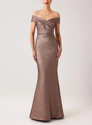 METALLIC JACQUARD PORTRAIT OFF SHOULDER GOWN