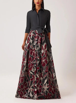 TAFFETA METALLIC FLORAL ORGANZA SHIRT GOWN