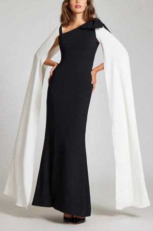 CREPE COLUMN WITH BOW SHOULDER AND FLYAWAY GOWN