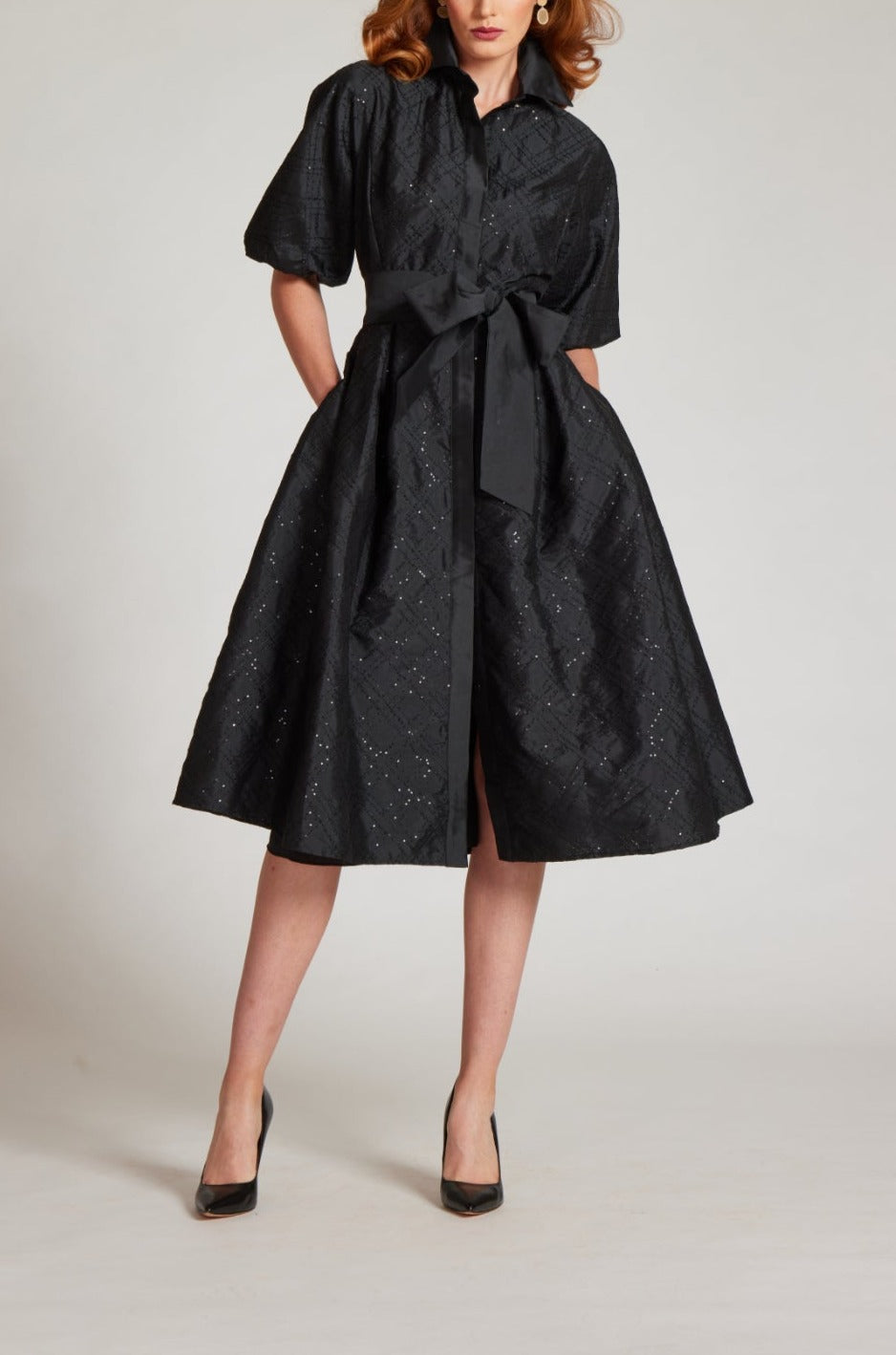TAFFETA SEQUIN EMBELLISHED PUFF SLEEVE DRESS