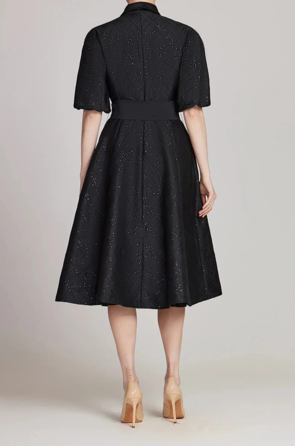 TAFFETA SEQUIN EMBELLISHED PUFF SLEEVE DRESS
