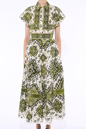 WHITE AND GREEN TAPISSERIE POPLINE MIDI DRESS