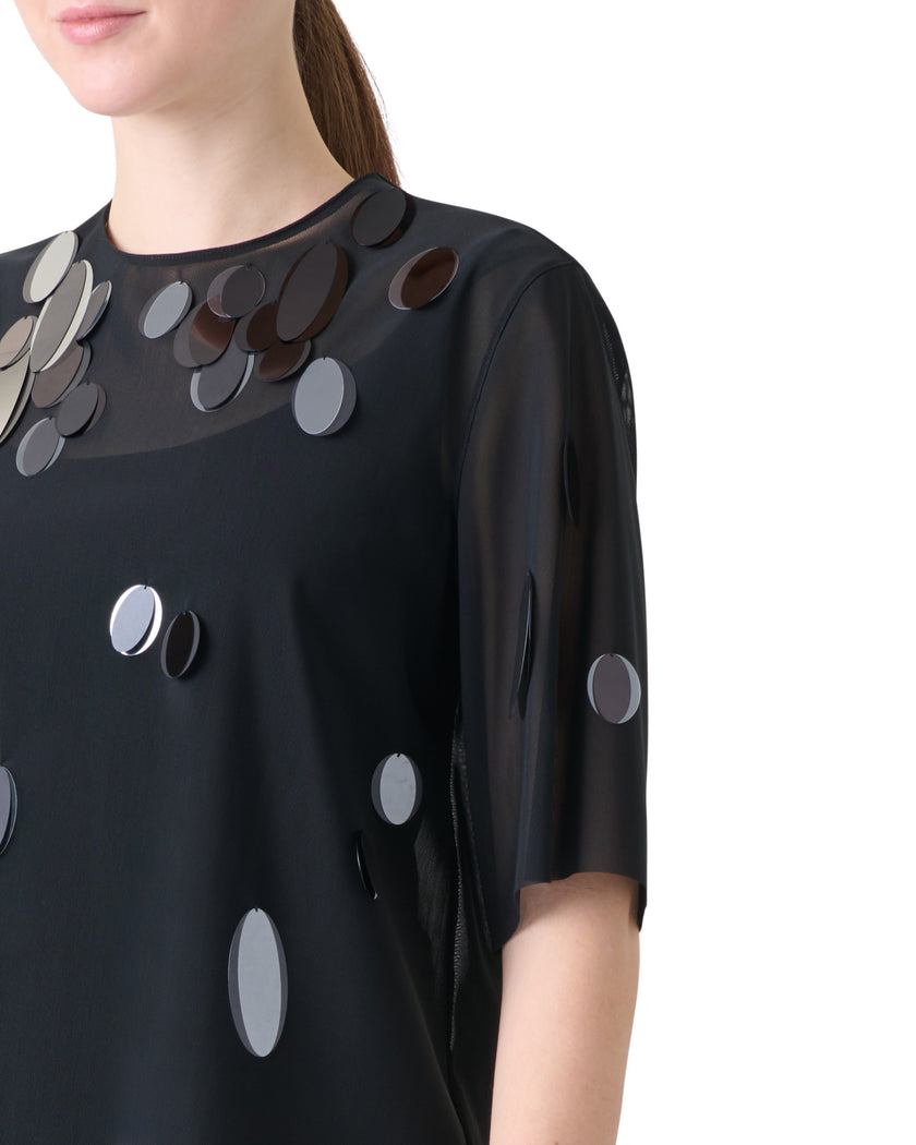 DOT SEQUIN EMBELLISHED TULLE SHORT SLEEVE TOP