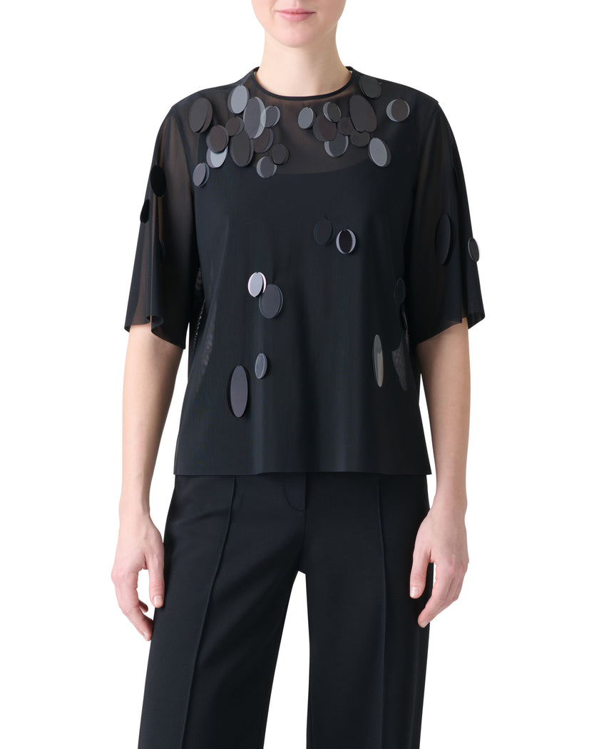 DOT SEQUIN EMBELLISHED TULLE SHORT SLEEVE TOP