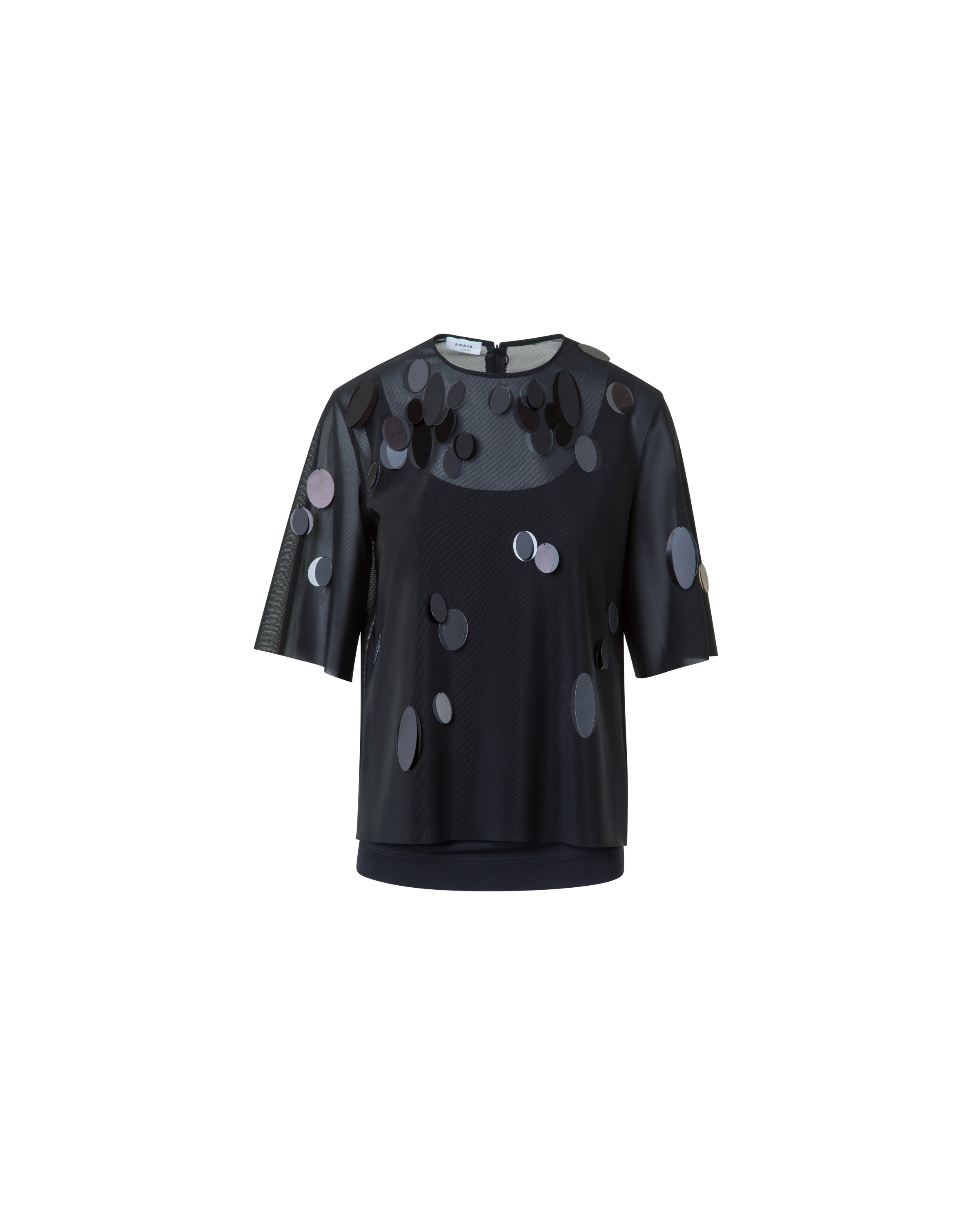 DOT SEQUIN EMBELLISHED TULLE SHORT SLEEVE TOP