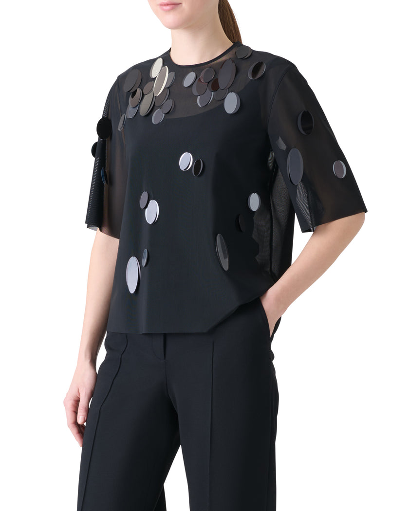 DOT SEQUIN EMBELLISHED TULLE SHORT SLEEVE TOP