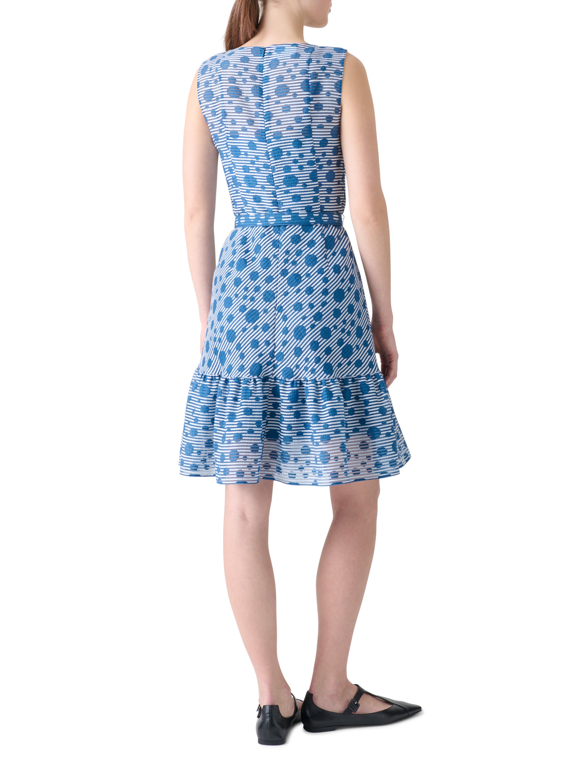 SLEEVELESS BELTED DOT SEERSUCKER DRESS