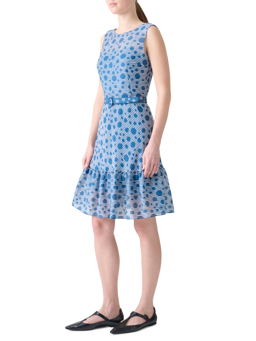 SLEEVELESS BELTED DOT SEERSUCKER DRESS