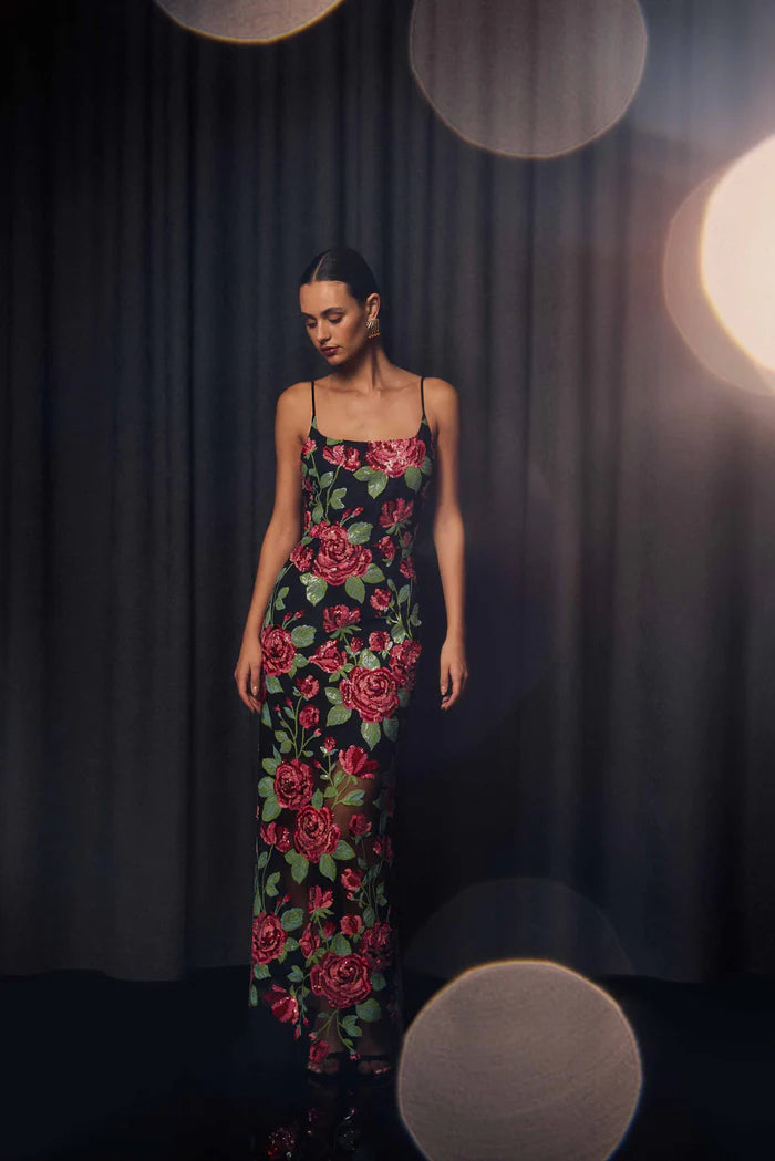 LYRA SEQUIN GOWN IN PINK AND GREEN FLORAL