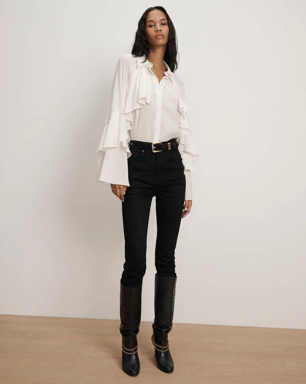 DEMARIS RUFFLES BUTTON DOWN BLOUSE